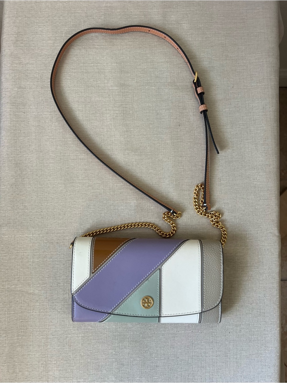 Tory Burch Lavender, White, Tan & Mint Colorblock Crossbody with Gold Chain
